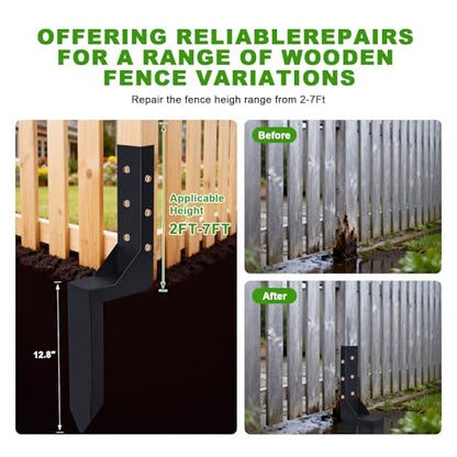 2-Pack 3.74" Width Fence Post Repair Kit, 24in Total Length Heavy Duty Ground Spike Anchor for Wooden Post Repairing Tilted/Broken Posts - size: 4'' 2 Pack