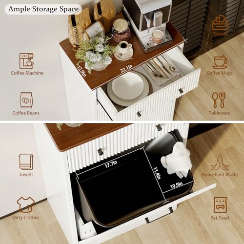 10 Gallon Tilt Out Trash Can Cabinet with Drawer, Hidden Trash Bin Storage & Laundry Hamper Cabinet, Pet Proof Trash Can Holder for Kitchen, Laundry Room & Bathroom, White - color: White