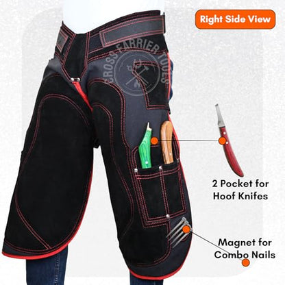 – Premium Cowhide Leather Farrier Apron | Adjustable Waist | Breathable Air Mesh Lining, Foam Knee Pads, Magnets & Knife Pockets | Professional Hoof Trimming Chaps (70cm - 27inch) - color: Red- Black, size: 70cm - 27inch
