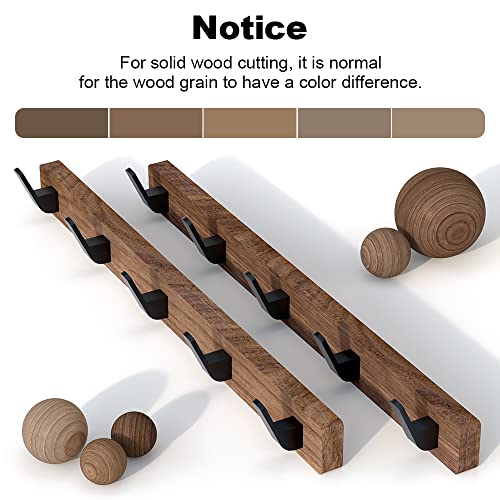 17 Inch Walnut Wood Wall Mounted Coat Rack with 5 Black Hooks, Adhesive Mounted Entryway Hooks, Modern Natural Wooden Pegs for Hanging Coat Clothes Hat Bag Purse Key and Towel - color: Coat Rack with 5 Hooks
