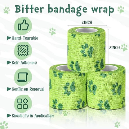 Geiserailie 6 Rolls No Chew Bandage for Dogs Self Adhesive Non-Woven Bitter Bandage Wrap for Dogs' Legs Paws Wounds Cats Animal, Green(2 Inches X 5 yd) - size: 2 Inches X 5 Yd