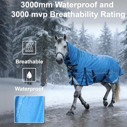 1680D Heavyweight Horse Blanket with 300g Insulation in Body and Hood, Full Neck Combo, Waterproof Breathable Insulated Winter Turnout Blanket Cyanblue 78 - size: 78"