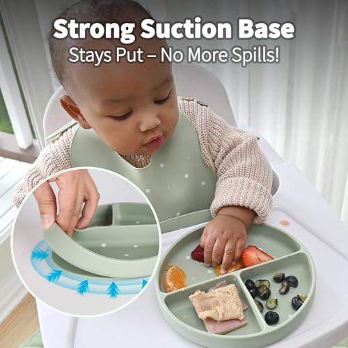 Little Rawr Baby Led Weaning Bundle, 100% Silicone Baby Feeding Set Includes Divided Plate, Suction Bowl, Straw Cup, Bib, Spoon & Fork, Develops Self Feeding Skills, Dishwasher Safe (Blue) - color: Blue