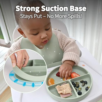 Little Rawr Baby Led Weaning Bundle, 100% Silicone Baby Feeding Set Includes Divided Plate, Suction Bowl, Straw Cup, Bib, Spoon & Fork, Develops Self Feeding Skills, Dishwasher Safe (Blue) - color: Blue
