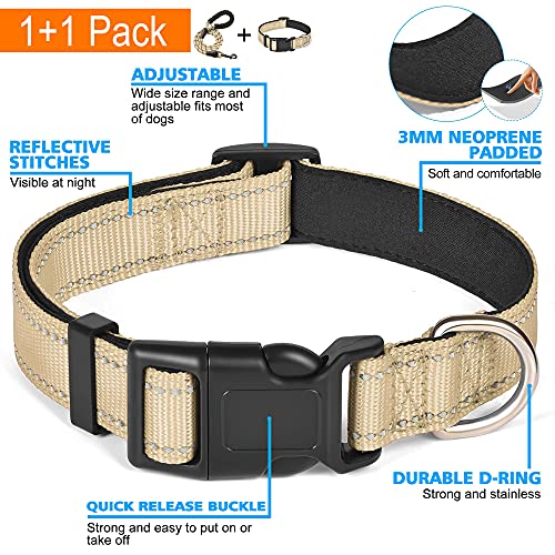 Ladoogo Reflective Dog Collar Padded with Soft Neoprene Breathable Adjustable Nylon Dog Collars for Small Medium Large Dogs (Small (Pack of 1), Beige Collar+Leash) - color: Beige, size: Small