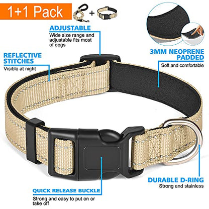 Ladoogo Reflective Dog Collar Padded with Soft Neoprene Breathable Adjustable Nylon Dog Collars for Small Medium Large Dogs (X-Small (Pack of 1), Beige Collar+Leash) - color: Beige, size: X-Small
