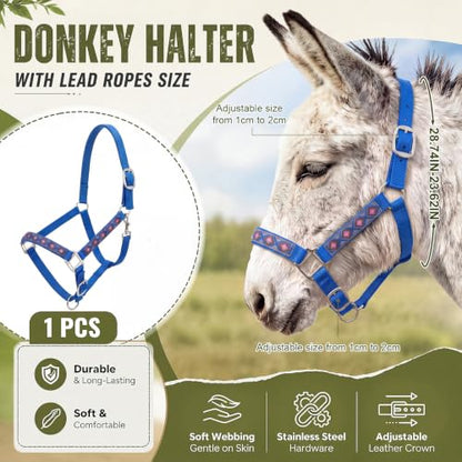 Miniature Donkey Halter, Adjustable Nylon Pony Halter with 3 Adjustable Buckles, Lightweight Small Equine for Farm Mini Horses Training, Blue, No Lead Rope Included