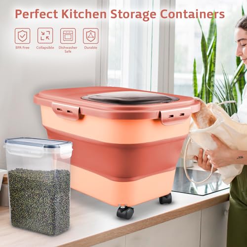 Komzon Rice Storage Containers, Collapsible 20 to 30Lbs Food Storage Bin Dispenser with Rolling Wheel and Clear Airtight Lid, BPA Free Flour, Sugar, Cereal and Dog Cat Pet food Containers - color: Pink