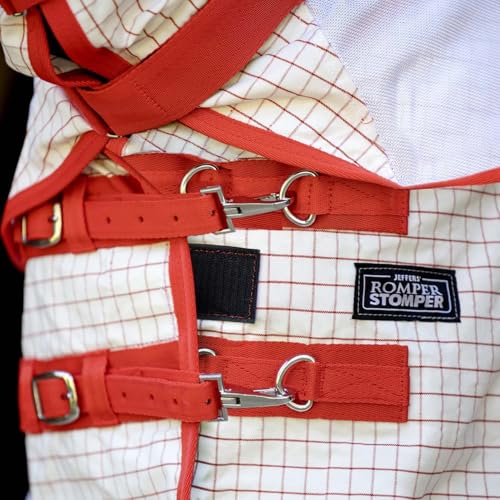 Jeffers Romper Stomper Sweet Itch Fly Sheet for Horses with Detachable Neck 75", Breathable Mesh Cotton Blend Top, UV & Insect Protection Horse Sheet, Lightweight Turnout Rug - White and Red - size: 75"