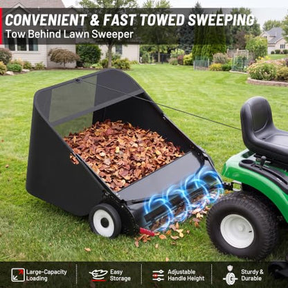 Suchtale 52 Inch Tow Behind Lawn Sweeper with 26 Cu Ft Hopper | 52 Inch Sweeping Path, 26 Cu Ft Hopper, Adjustable Brush Height, Dumping Rope, Steel Frame, Lawn Tractor Attachment - size: 52''