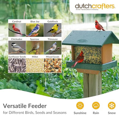 DutchCrafters Poly Large Hopper Bird Feeder Post Mount for 4" x 4", Wild Songbird Bird Seed Feeder for Outdoor, Outside, Garden, Yard - Amish Made in USA (Post Mount, Turf Green & Cedar) - color: Turf Green & Cedar, style: Post Mount