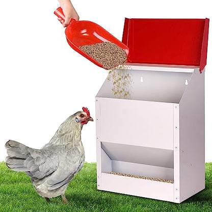 Galvanized Wall Mount Chicken Feeder No Waste Hanging Chicken Feeder with Lid Weatherproof Metal Automatic Poultry Feeder Trough Food Dispenser for Outside Coop (23 lbs)