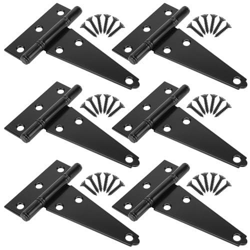 4 Inch T-Strap Shed Door Hinges Heavy Duty, Black Tee Gate Hinges for Wooden Fences, Yard Door, Barn Door Gates, Wrought Hardware Rustproof, 6Pack - color: 6 pcs, size: 4 Inch