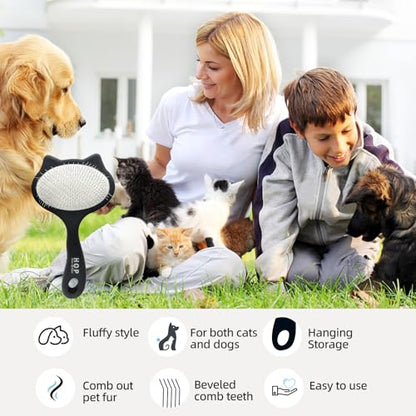 HOP Black Cat Head Pets Slicker Brush for Dogs and Cats 7.17in/18.2cm | Stainless Steel Pin,Dog Shedding&Dematting Comb,Pet Grooming Brush for Short Haired Pet,Remove Loose Hair Mats Knots Tangles