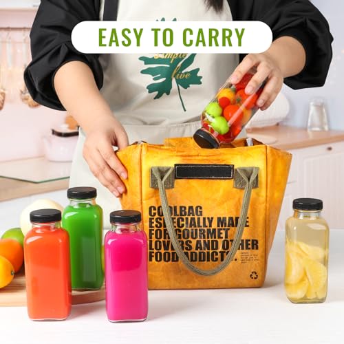 Glass Juice Bottles with Lids 12 oz, Reusable Glass Bottles 6 pcs, Square Juice Jars, Drink Containers with Caps for Smoothies, Kombucha, Beverages - size: 12 Ounces