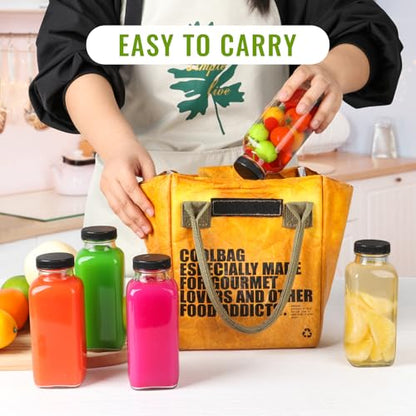 Glass Juice Bottles with Lids 12 oz, Reusable Glass Bottles 6 pcs, Square Juice Jars, Drink Containers with Caps for Smoothies, Kombucha, Beverages - size: 12 Ounces