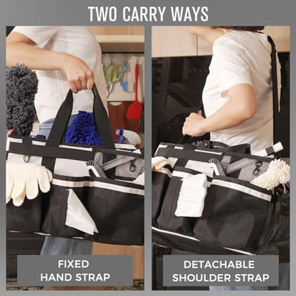SCAVATA Wearable Cleaning Caddy, Cleaning Caddy Supplies Organizer with Handle & Shoulder Straps for Housekeepers, Under Sink & Car Cleaning Tool Organizers Bag with 4 Foldable Divider (Beige) - color: Beige