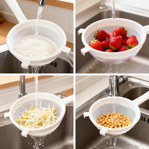 5Pcs Kefir Strainer Set, Plastic Nylon Mesh Strainers with Handle Double Ear Fine Mesh Colander Flour Sifter for Yogurt Baking Kitchen Kefir Tea Juice Pasta（5 Sizes）