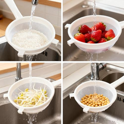 5Pcs Kefir Strainer Set, Plastic Nylon Mesh Strainers with Handle Double Ear Fine Mesh Colander Flour Sifter for Yogurt Baking Kitchen Kefir Tea Juice Pasta（5 Sizes）
