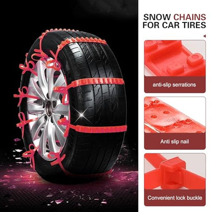 10 PCS Snow Chains for Car Tires, 35.4" Adjustable Traction Grip Tire Cables, Multi-groove Snow & Mud Chains with Serrated, Suitable for Most Cars, SUVs, Off-road Vehicles (Red)