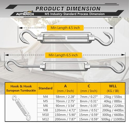 AUTMATCH M5 Hook&Hook Turnbuckle - 304 Stainless Steel Wire Rope Tensioner | Adjustable Turnbuckle for Cable Railing, Fence & Shade Sail Hardware, Wire Rope Tension Kit, 6-Pack, Silver - color: Silver Tone - Hook & Hook, size: M5