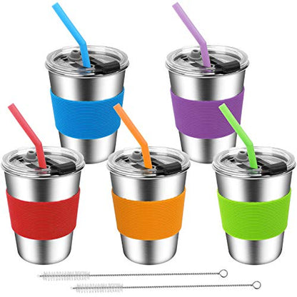 ShineMe Kids Cups with Straws and Lids, 12oz Kids Metal Drinking Glasses with Spill Proof Lids & Silicone Straws, Stainless Steel Reusable Water Tumblers for Children and Adults (5pack) - color: green,purple,blue,orange,red