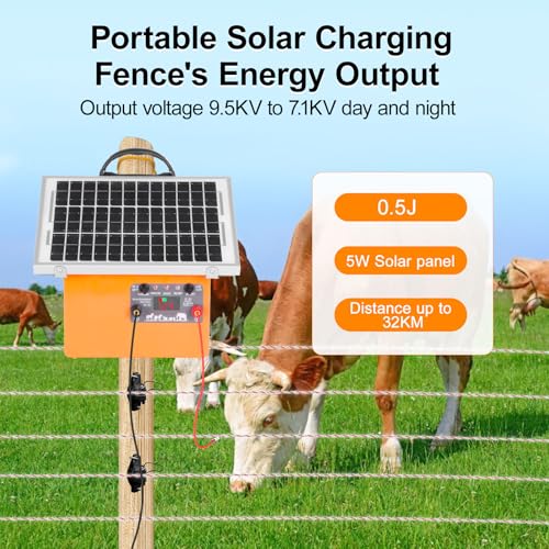 Solar Electric Fence Charger, 20 Miles 7.5W 0.5J for Livestock