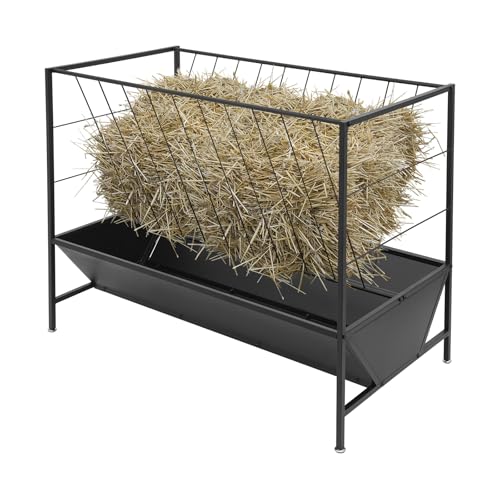 Pasture Hay Feeder, 2-in-1 Livestock Feeder Hay Grain Feeding with 30 Gallon Feed Pan & V-Shaped Hay Rack, Heavy Duty Livestock Feeding Trough for Horses, Sheep, Pigs, Cattle, and Other Livestock
