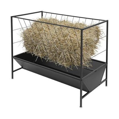 Pasture Hay Feeder, 2-in-1 Livestock Feeder Hay Grain Feeding with 30 Gallon Feed Pan & V-Shaped Hay Rack, Heavy Duty Livestock Feeding Trough for Horses, Sheep, Pigs, Cattle, and Other Livestock