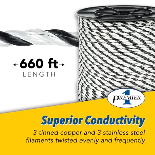 Premier 1 EnduraSoft® 6.0-660' Electric Rope | Polyester rope — more UV-resistant than polyethylene. Twisted (not braided). 3 tinned copper + 3 SS filaments. 25-year life.