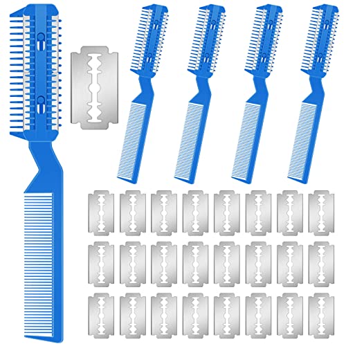 Yinkin 5 Pieces Razor Comb for Dogs Hair Grooming Trimmer for Pet Razor Comb with 25 Extra Blades Manual Dog Hair Trimmer Double Edge for Cats Hair Cutting Tool(Blue) - color: Blue