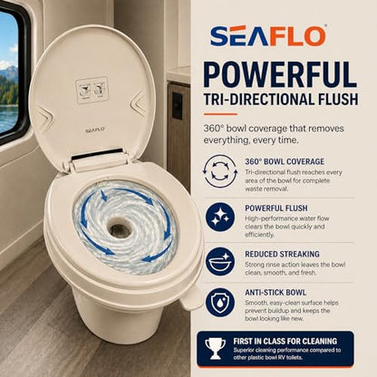 SEAFLO Bone RV Toilet, Residential Height 18.4", Gravity Flush Foot Pedal, Soft Close Seat, Camper Toilet for RV Motorhome Travel Trailer, Parchment, SFRTPH-02-01, 4-Year Warranty - color: Bone