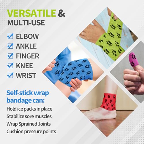6 Roll 2 Inch x 5 Yards Paw Print Pet Vet Wrap for Dogs Cats, Cohesive Bandages in Bulk, Colorful Non-Woven Self Adhesive Bandages Wrap Roll for Pet Animals Wound Care, Ankle Sprains and Swelling