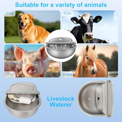 Automatic Pet Water Bowl with Float Valve, 304 Stainless Steel, Includes Bowl, Valve, 40" Hose, Adapters, Bolts, Wrench, Fits 1/2" & 3/4" Faucets, for Dogs/Livestock, Drain Hole