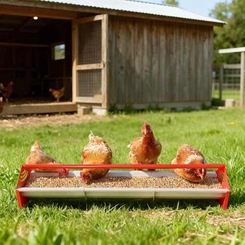 47" Chicken Trough Feeder - Galvanized Steel Feed Trough with Drainage Holes & Red Crossbar for Chicken, Duck, Turkey | Heavy Duty, Rust-Proof & Easy-Clean Design - color: Orange