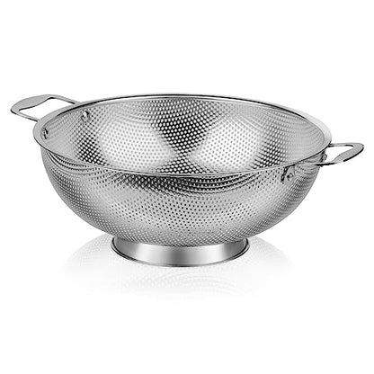 Tiawudi Large 6-Qt Colander, 18/8 Stainless Steel Mesh Strainer for Kitchen, Food Sieve with Riveted Handles and Self-draining Solid Ring Base, Great for Pasta, Rice, Vegetables and Fruits