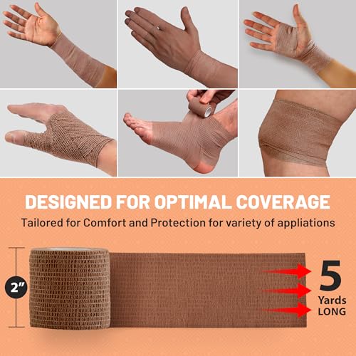 6 Pack, Self Adherent Cohesive Tape - 2" x 5 Yards, (Medium Tan Shade) Self Adhesive Bandage Rolls & Sports Athletic Wrap for Ankle, Wrist, Knee Sprains and Swelling