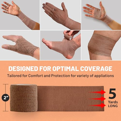 6 Pack, Self Adherent Cohesive Tape - 2" x 5 Yards, (Medium Tan Shade) Self Adhesive Bandage Rolls & Sports Athletic Wrap for Ankle, Wrist, Knee Sprains and Swelling