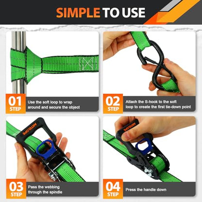 A ANTELOPE 4 Pack 1" x 15' Ratchet Tie Down Straps with S Hooks, Green - color: Green, size: 4PK-1 in