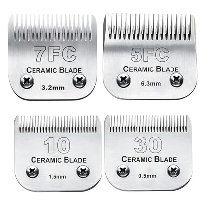 Dog Grooming Blades Compatible with Andis Clipper/Oster A5/Wahl KM Series | Dog Clipper Blade,Ceramic Blade & Stainless Steel Blade Size:#10+30+7FC+5FC,Silver,3 Count - color: 1pc 3-3/4fc: 1/2" (13 Mm)