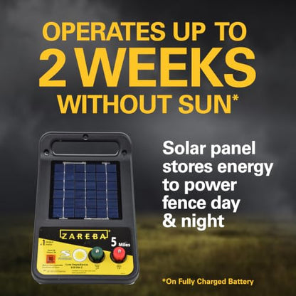 Zareba Solar Electric Fence Charger, 5 Mile Range Low Impedance Energizer | 360-Degree Rotation, T-Post Mounting Bracket, Rotational Grazing Fence Charger for Livestock & Cattle, Contain Animals