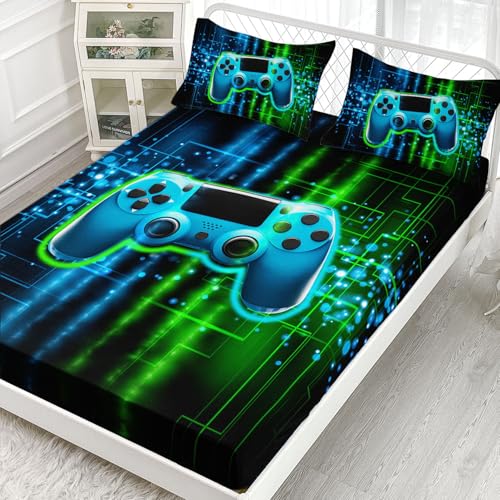Boys Gamer Sheets Set 4Pcs for Kids,Green Gamepad Printed Sheet Set with 1 Flat Sheet and 1 Fitted Sheet + 2 Pillowcases(Gamepad Twin) - color: Gamepad Black, size: Twin 67x97 inches