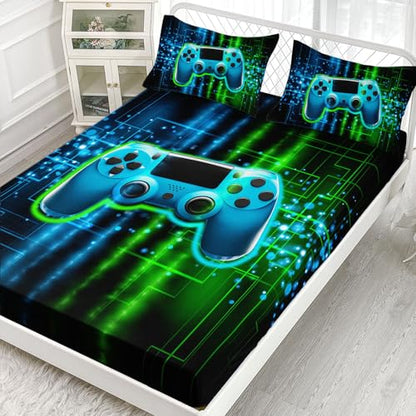 Boys Gamer Sheets Set 4Pcs for Kids,Green Gamepad Printed Sheet Set with 1 Flat Sheet and 1 Fitted Sheet + 2 Pillowcases(Gamepad Queen) - color: Gamepad Black, size: Queen 91x102 inches