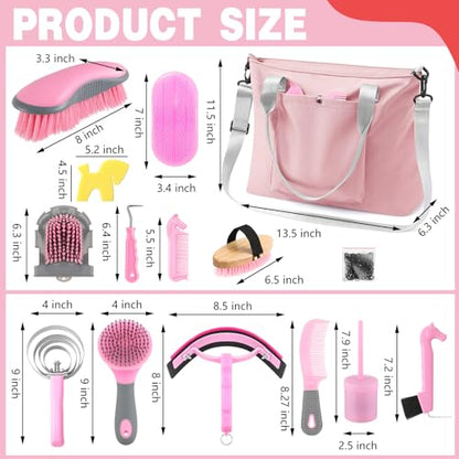 Abbylike 15 Pieces Horse Grooming Kit with Organizer Tote Bag Tack Room Supplies Horse Brush Sets Care Equine Cleaning Kit Shedding Grooming Massaging Tools(Pink and Grey) - color: Pink and Grey