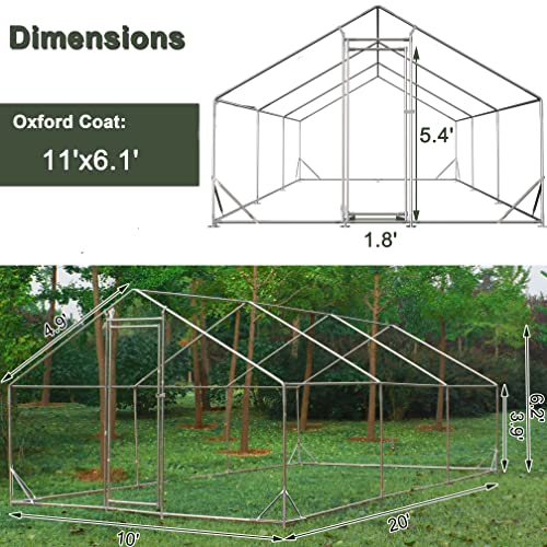Large Metal Chicken Coop Plastic-Dipped Hexagonal Galvanized Wire Net Cage,W/Removable Waterproof & Anti-Ultraviolet PE Cover,Duck Rabbit Sheep Outdoor House(10' L x 20' W x 6.56' H)