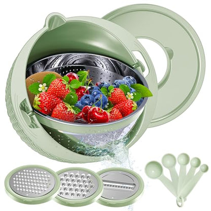 4-1 Strainer with Bowl & Spoons Set - Strainers and Colanders - Colanders for kitchen(Patented) - Pasta Strainer with Upgraded Graters & Spoons for Fruit Veggie Kitchen Essentials, Green - color: Green