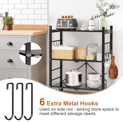 Himix 3 Tier Foldable Storage Shelf with Wheels 6 Hooks No Assembly Black - color: Black, size: 3-Tier