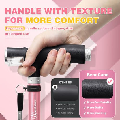 BeneCane Walking Cane for Women Folding Cane for Men with Two Led Lights Quad Cane with Stable Base Lightweight and Adjustable Walking Stick - color: Pink