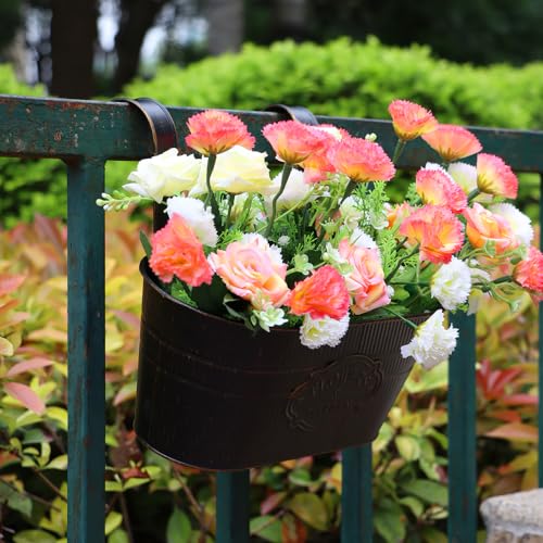 3 Pack Metal Railing Planters, 10.5" Oval Hanging Flower Pots with Detachable Hooks & Drainage Holes, Fits Rails up to 2.36", Galvanized Iron Fence Bucket for Balcony Garden Patio - Letter Black - color: Letter Black, size: 3 Pack, 10.5"L x 5.7"W x 4.7"H