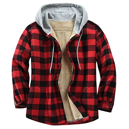 Men's Cotton Plaid Shirt Jacket Fleece Flannel Sherpa Button Down - color: Red Black, size: Large